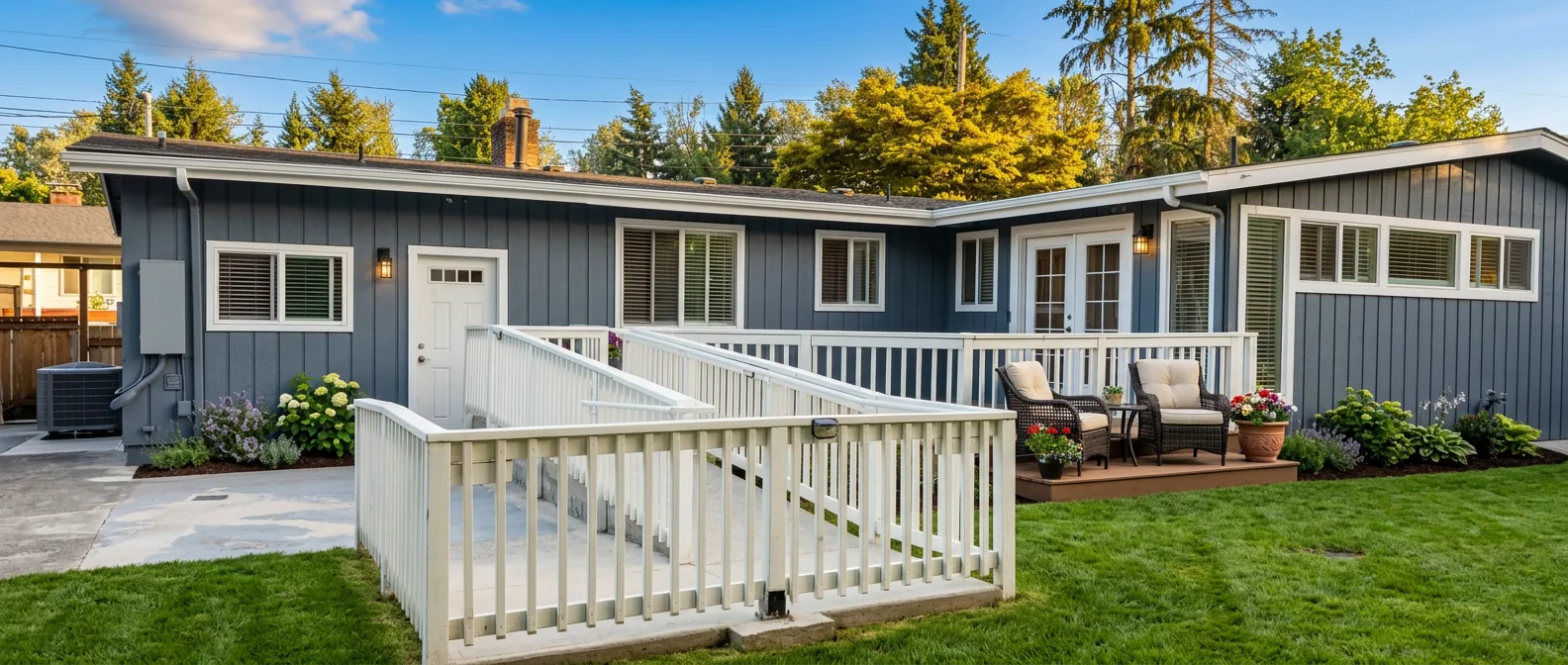 Front of the home with a wheelchair-accessible ramp and landscaped garden