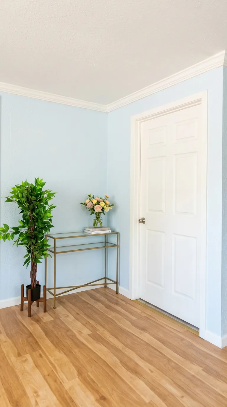Welcoming entry corner with fresh flowers beside the bathroom