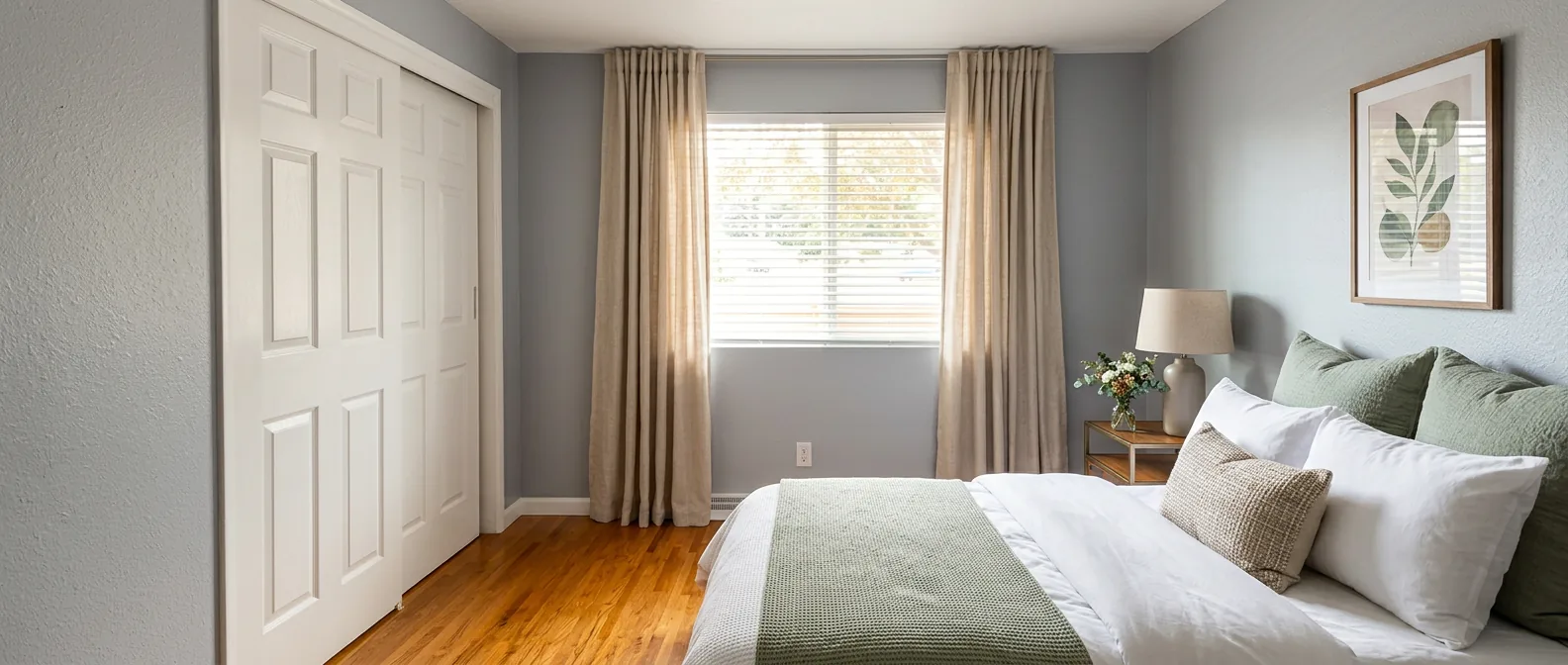 Peaceful bedroom with a wide closet and sunlit street-facing window