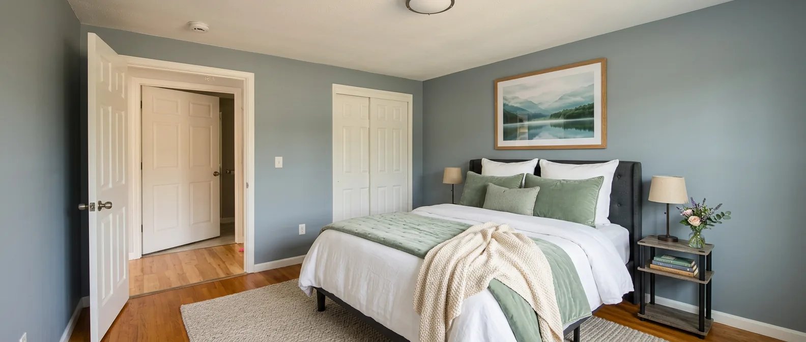 Private bedroom with fresh linens, reading lamp, and calming artwork