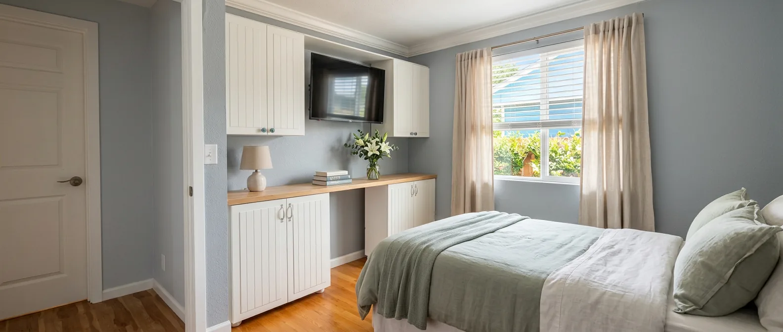 Resident room with built-in storage, television, and garden view