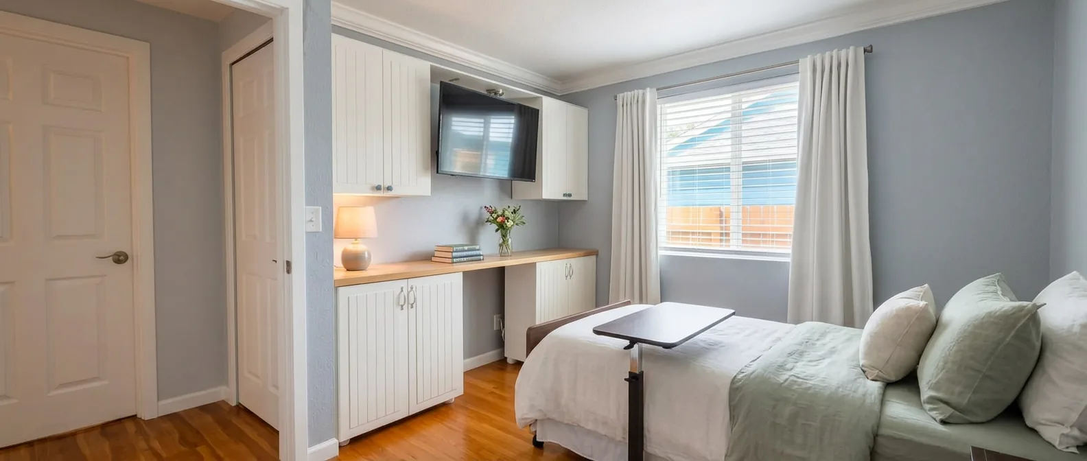 Comfortable resident suite with an overbed table for meals and reading