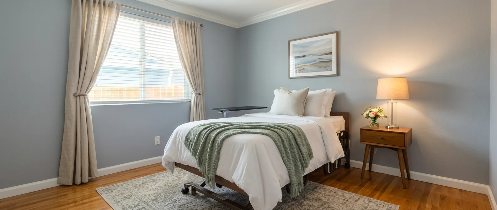 Care suite with an adjustable bed, soft bedding, and natural light
