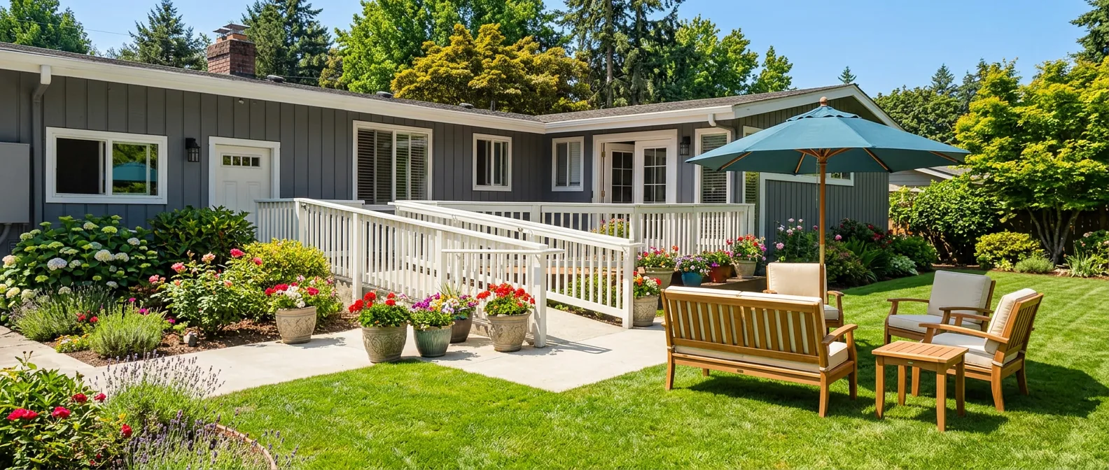 Backyard lawn with shaded seating and garden beds
