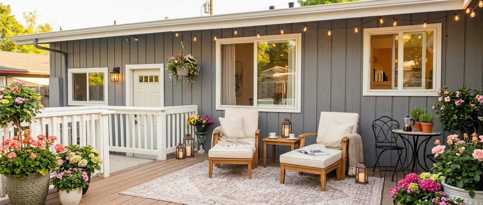 Covered back deck with cushioned outdoor seating and flowers