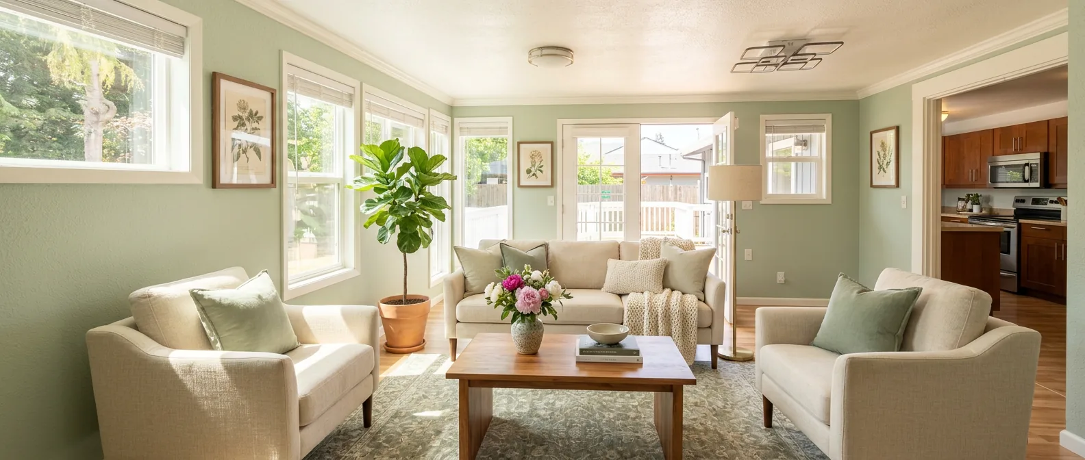Sunlit common living room with comfortable seating