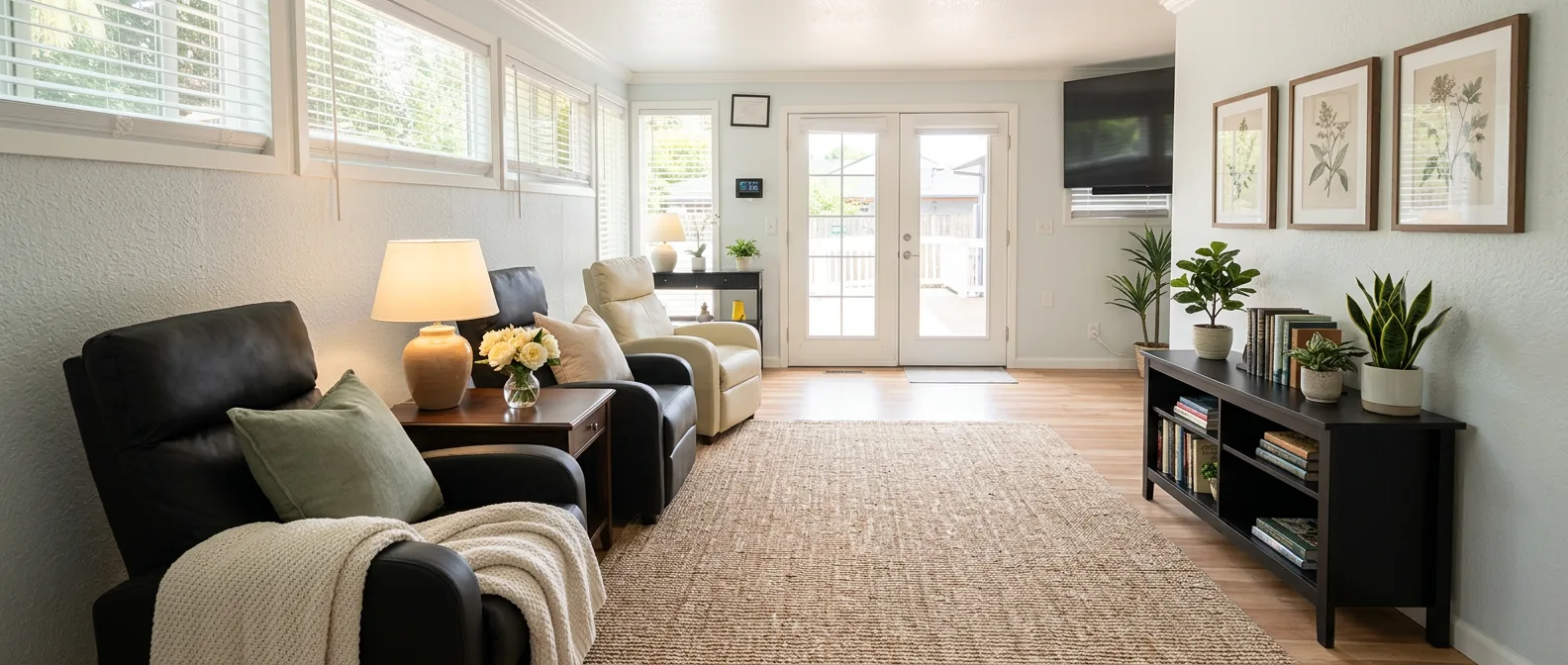 Family gathering area with recliners and natural light
