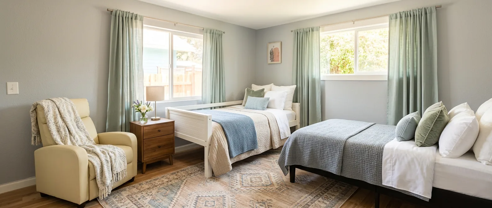 Shared resident bedroom with a recliner and garden views