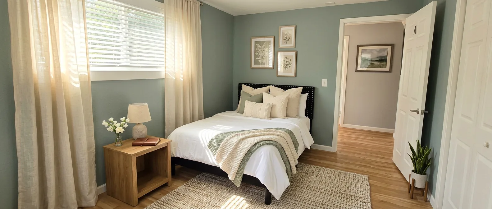 Private resident bedroom with soft linens and warm light